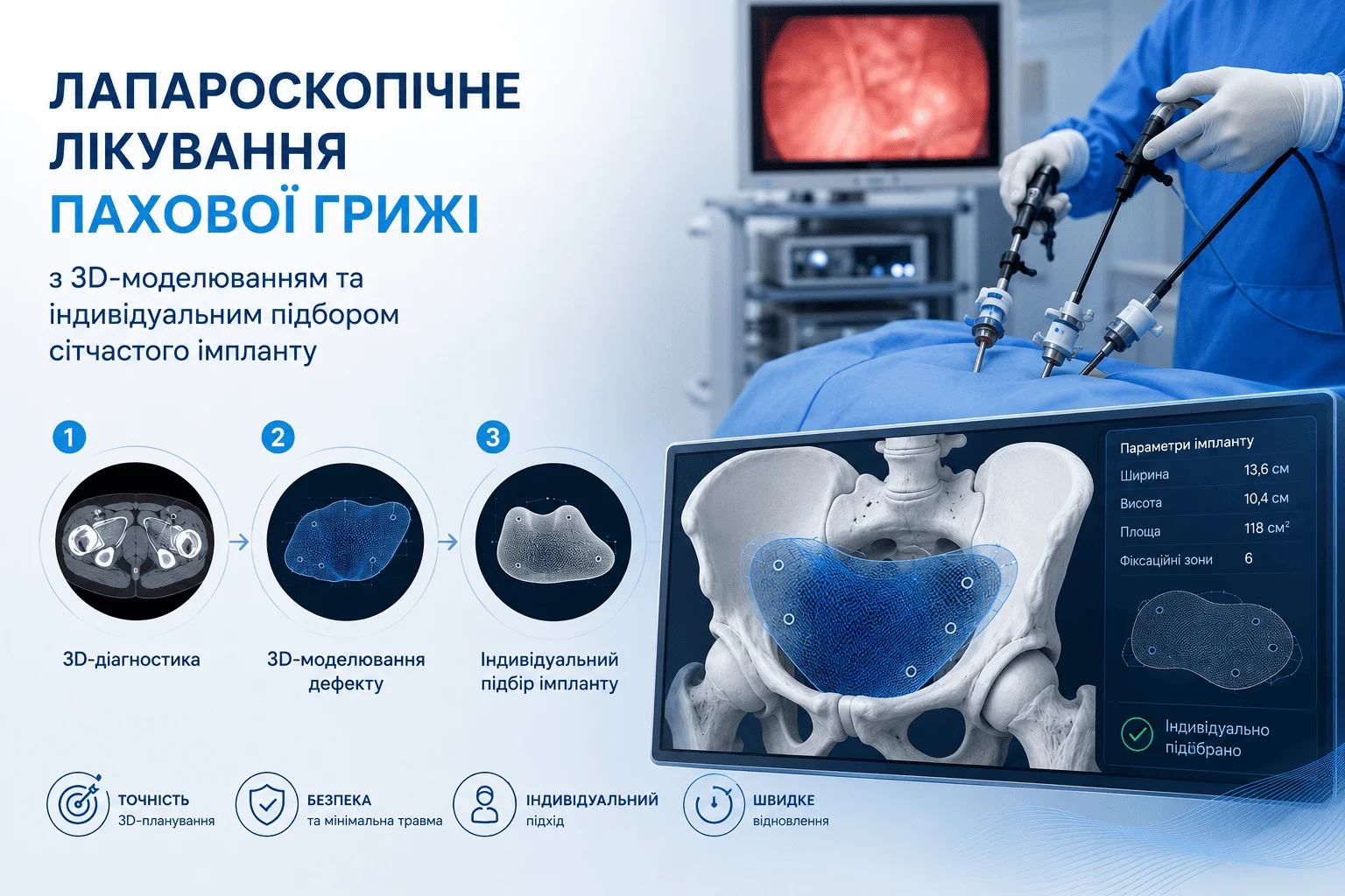 Лапароскопічне лікування пахової грижі з 3D-моделюванням та індивідуальним підбором сітчастого імпланту
